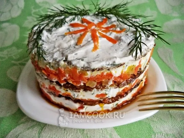 Фото блюда: Печёночный торт из говяжьей печени