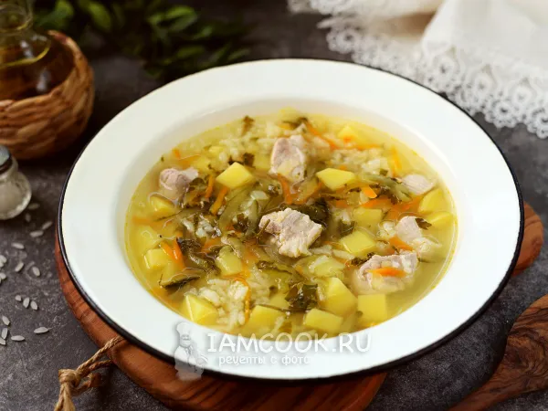 Фото блюда: Рассольник со свининой, рисом и солеными огурцами