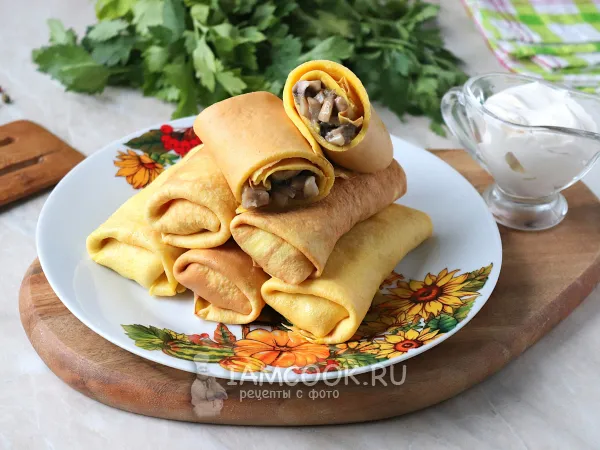 Фото блюда: Яичные блины с грибами (в начинке)